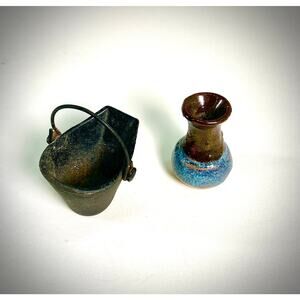Miniature Lot, Cast Iron Coal Bucket + Rustic, glazed Stoneware Dollhouse Vase